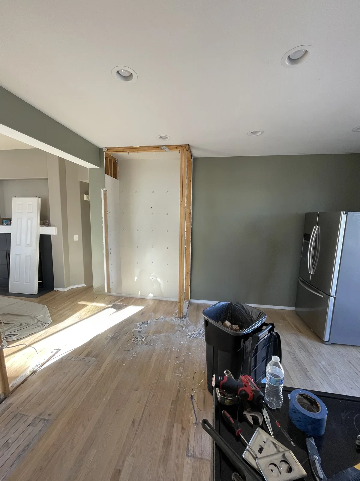 Framing stage during kitchen remodel before island installation