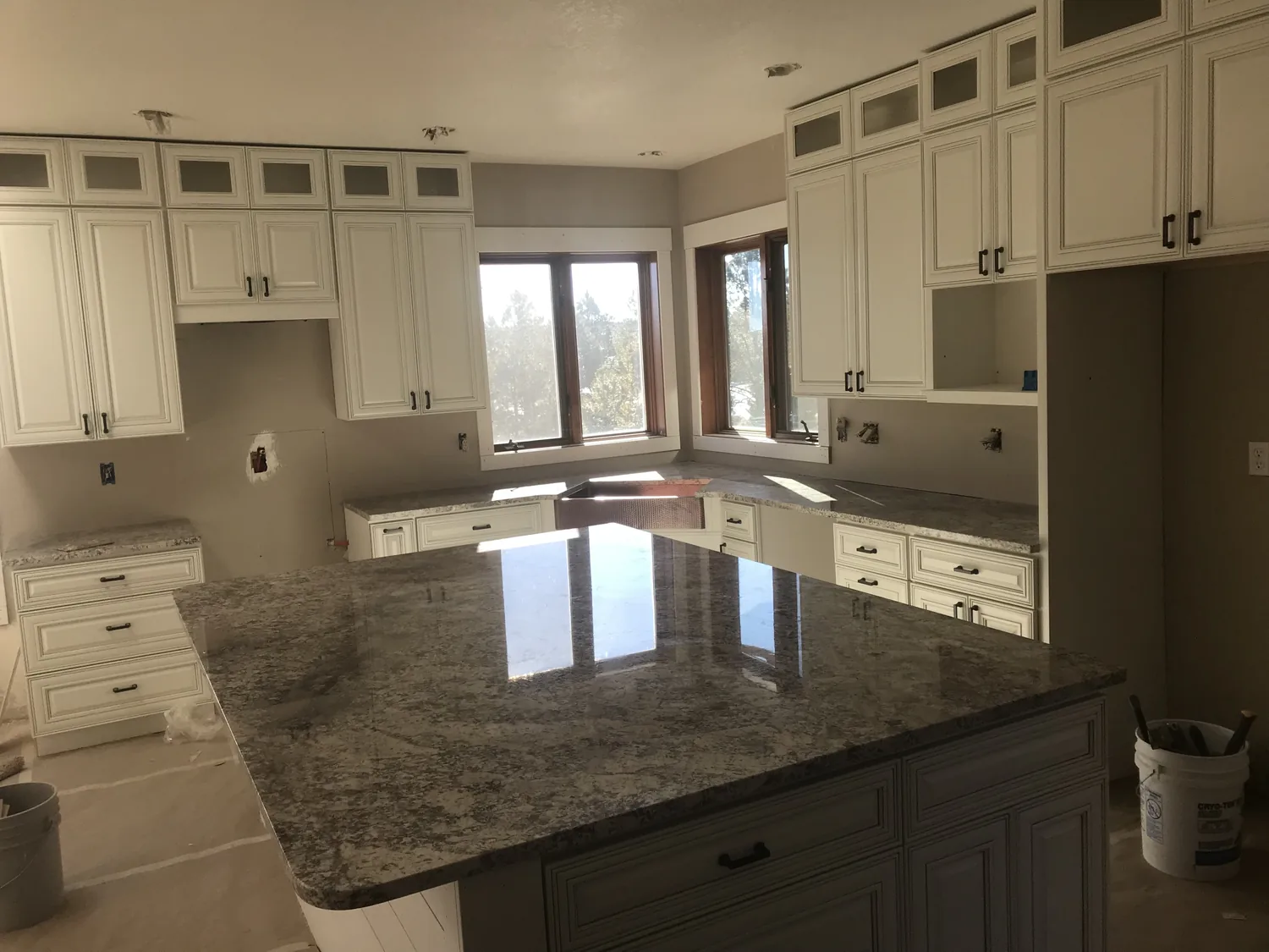 Gray stone kitchen island surface