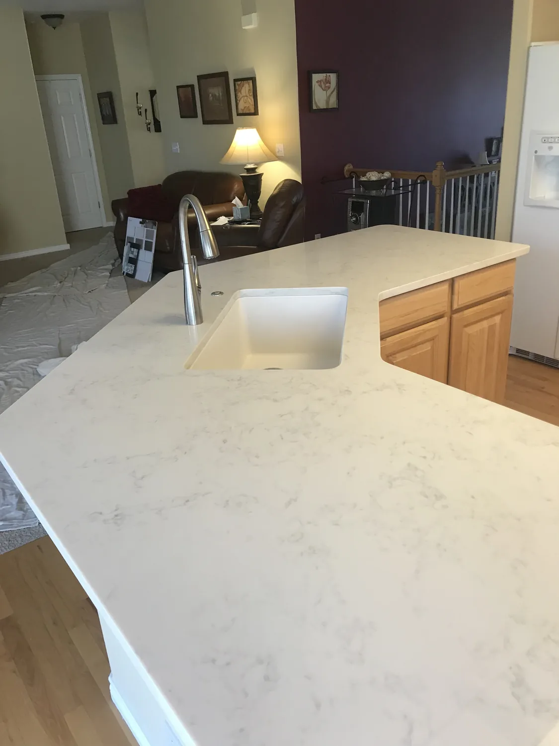 White stone bar counter with clean finished edge