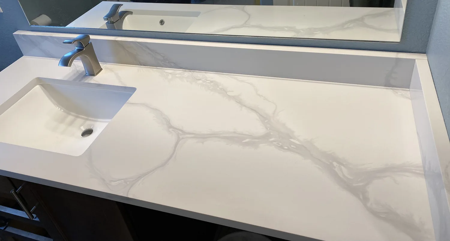 Close view of white stone countertop veining